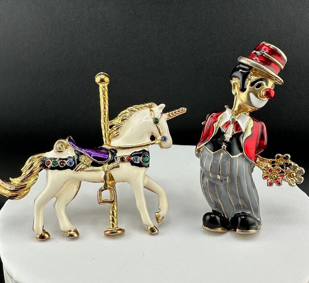 Vintage Brooch Lot Carousel Horse Clown Enamel Rhinestone Gold Tone Carnival